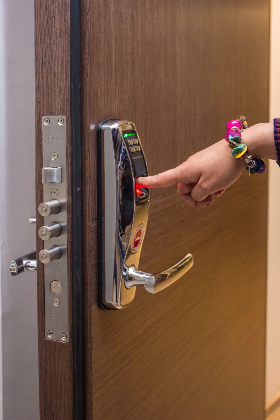 Biometric lock and metal door lever used for secure modern entry